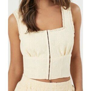 Forever 21 Soft Yellow Gauze‎ Peasant Corset Floral Crop Tank Blouse Size L